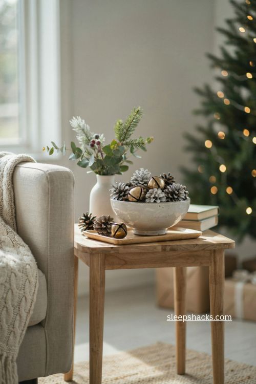 Pinecone christmas end table decor with white bowl gold bells and winter greenery 