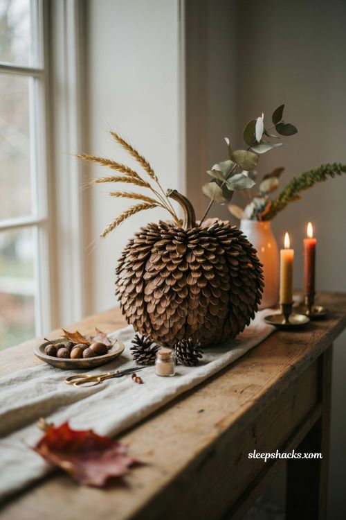 Pinecone scale pumpkin centerpiece with rustic Thanksgiving fall decor 