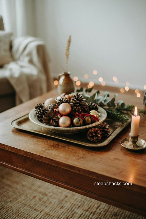 Pinecones and gold Christmas ornaments in a vintage bowl on a brass tray