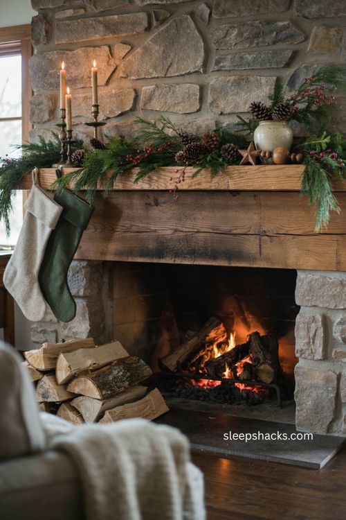 Pinecones and red berries on a rustic Christmas fireplace mantel with evergreen garland