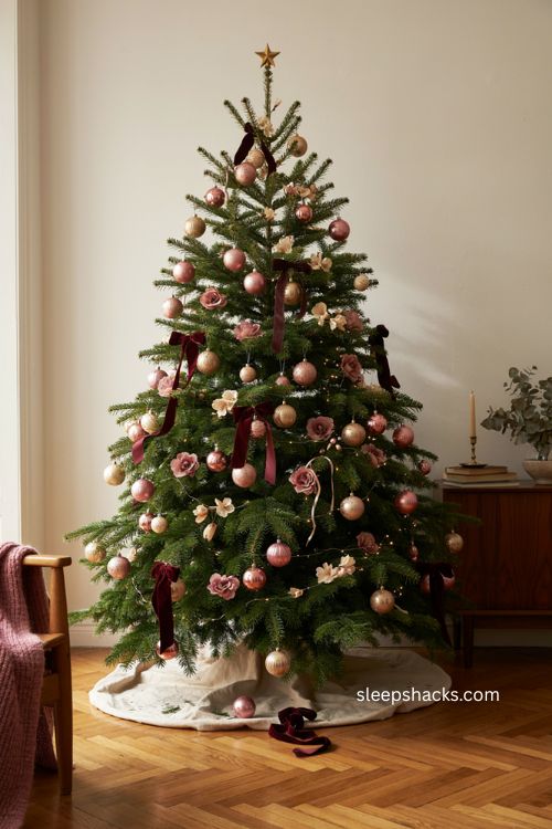 Pink and burgundy Christmas tree with velvet bows floral ornaments and warm gold 