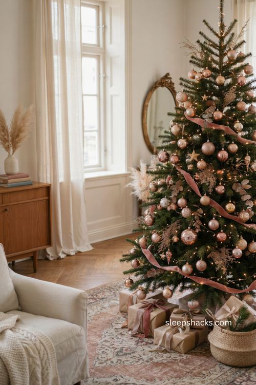 Pink and gold Christmas tree with blush ornaments and elegant festive decor 