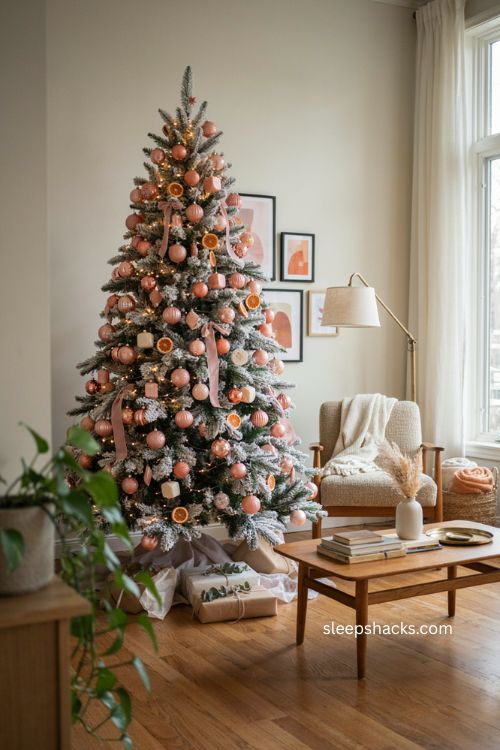 Pink and orange Christmas tree with playful colorful ornaments on a white tree 