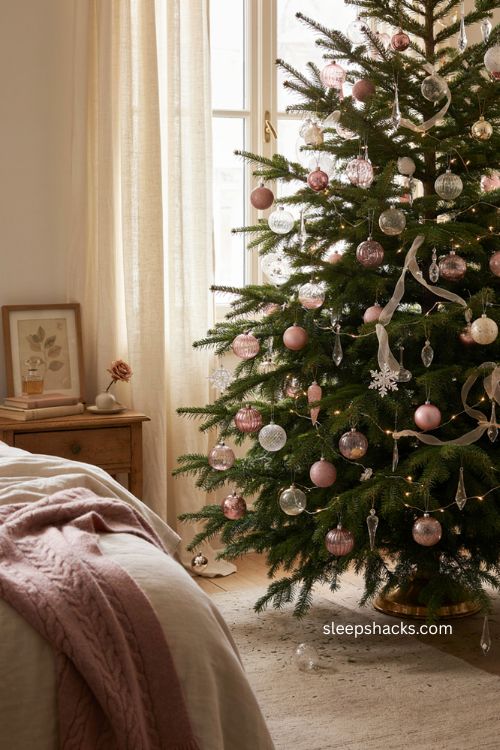 Pink crystal christmas tree with blush ornaments sparkling clear crystals silver accents and warm white lights 
