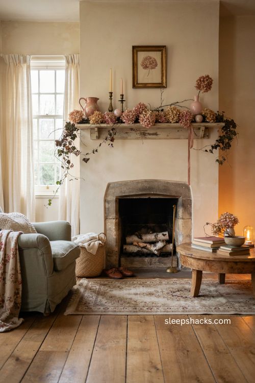 Pink hydrangea Christmas garland with trailing ivy on a vintage mantel