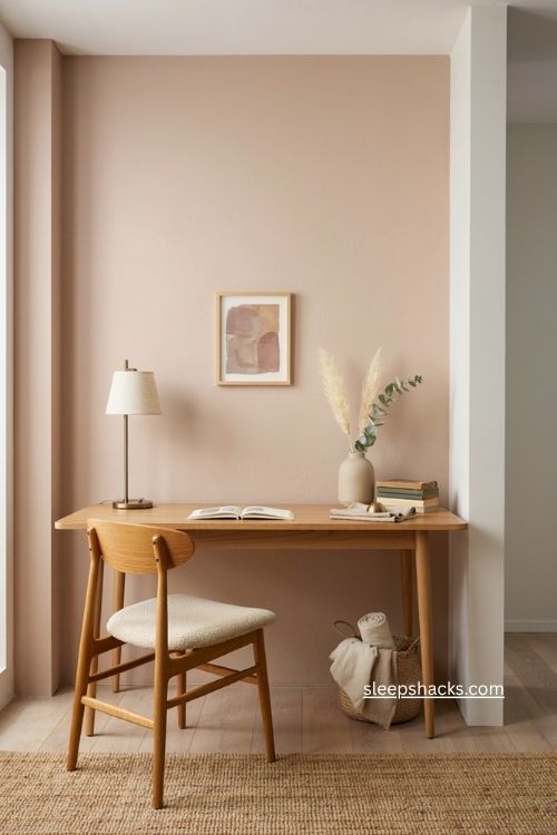 Pink office decor with blush accent wall behind desk and warm neutral walls 