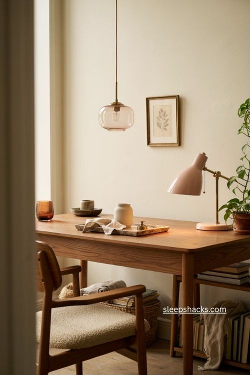 Pink office decor with blush and brass lighting for a warm cozy workspace 