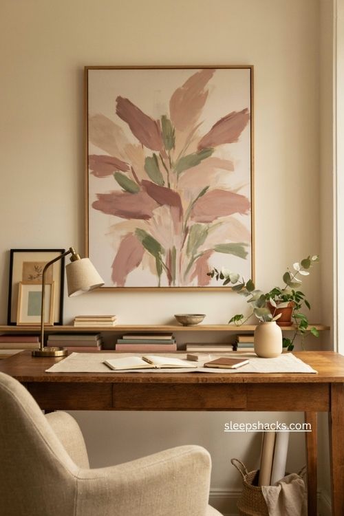 Pink office decor with blush botanical wall art above a warm wood desk 
