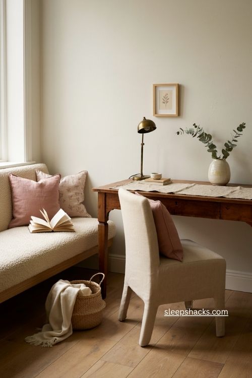 Pink office decor with blush cushions and cozy reading chair accents 