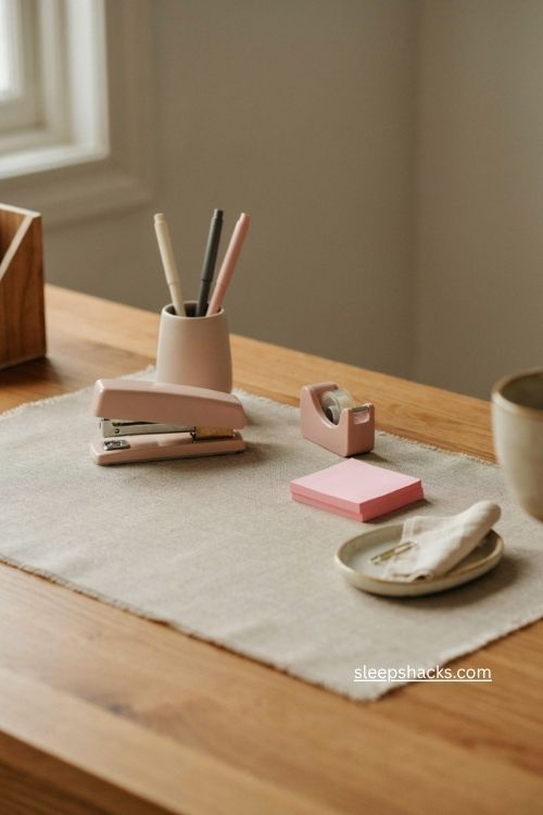 Pink office decor with blush desk accessories and neutral workspace 