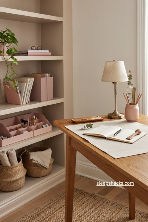 Pink office decor with blush file boxes and rose colored storage organizers 