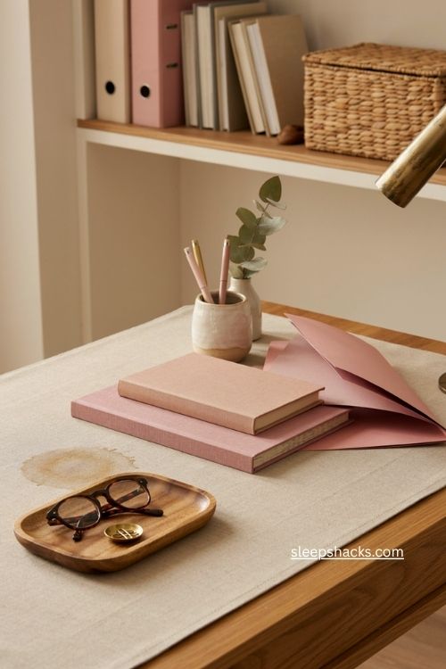 Pink office decor with coordinated blush notebooks folders and desk stationery 