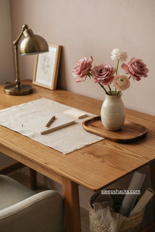 Pink office decor with dusty rose flowers in a small desk vase 