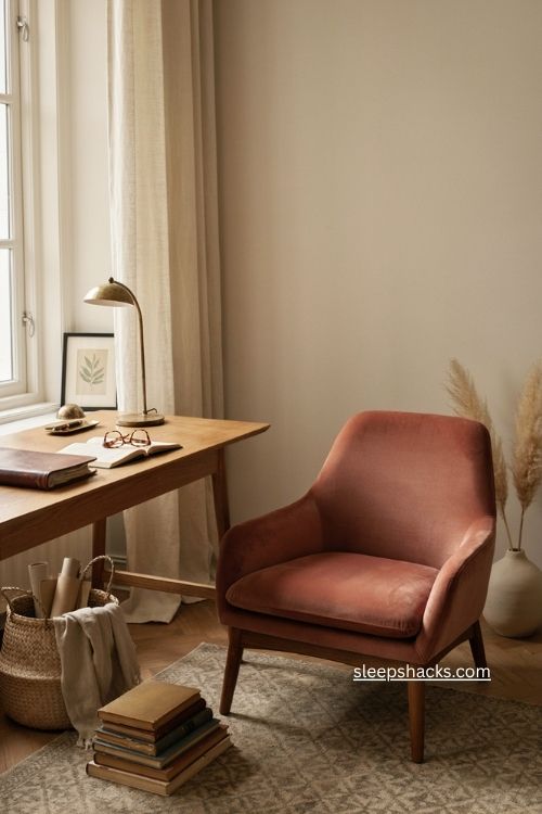 Pink office decor with dusty rose velvet chair and neutral furniture 