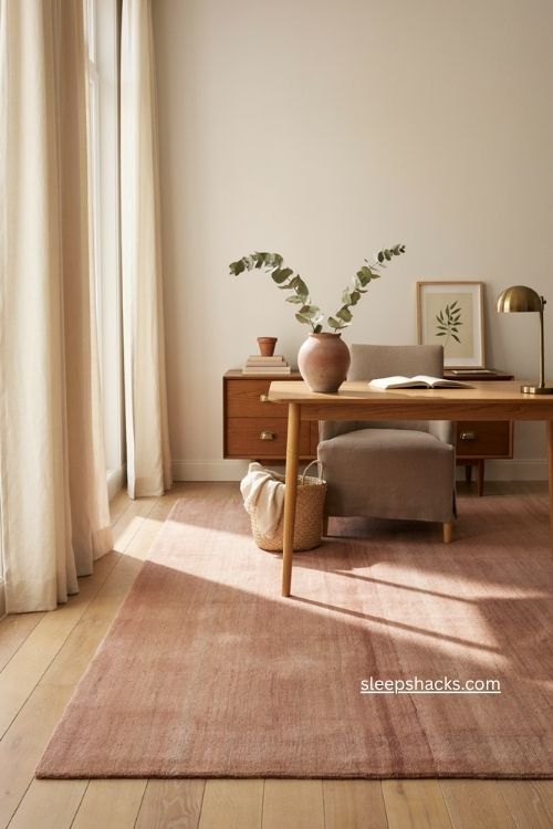 Pink office decor with large blush rug under desk and chair 