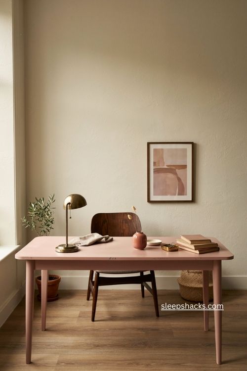 Pink office decor with sophisticated blush desk and warm neutral accents