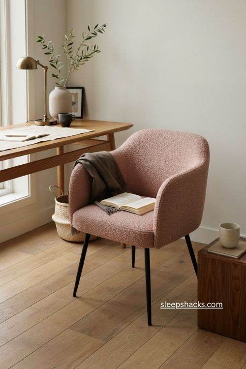 Pink office decor with upholstered boucle chair and black metal legs 