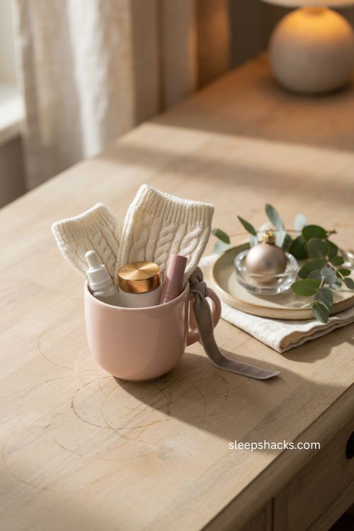 Pink self care Christmas mug gift with skincare lip balm and cozy socks 