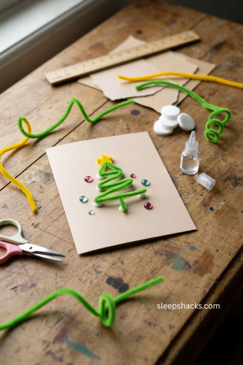 Pipe cleaner Christmas tree card with raised green zigzag tree yellow star and easy kid friendly craft 