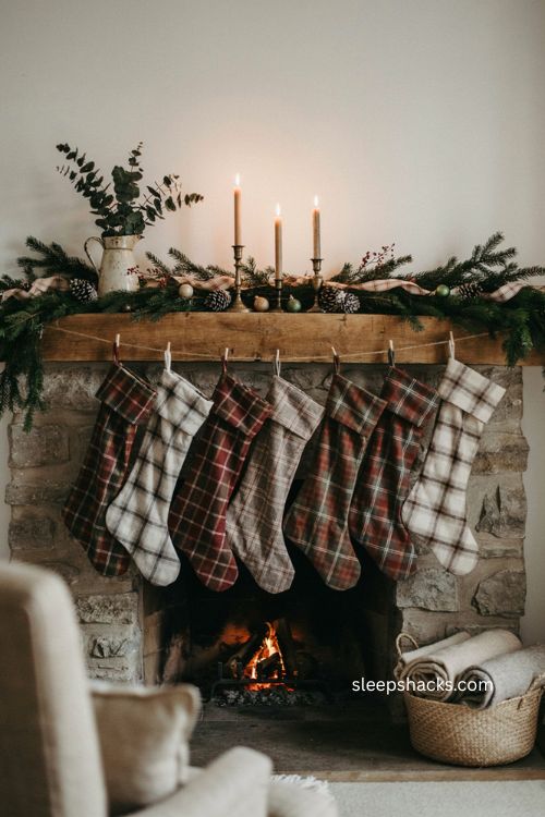 Plaid Christmas stockings and ribbons on a cozy farmhouse fireplace mantel