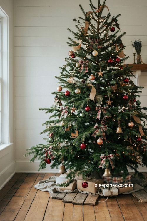 Plaid Christmas tree bows for a cozy farmhouse holiday tree 
