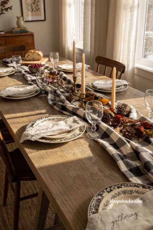 Plaid and toile Thanksgiving table setting with pinecones fall foliage and layered dinnerware