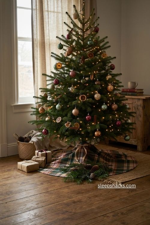 Plaid fabric Christmas tree collar with cozy farmhouse holiday decor and ribbon detail 