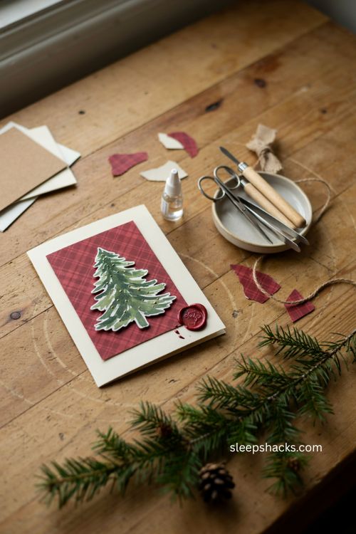 Plaid motif Christmas card layering with red green cream cardstock and ribbon 