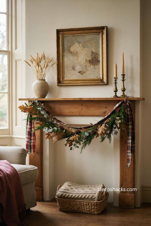 Plaid ribbon Christmas garland woven through greenery on mantel