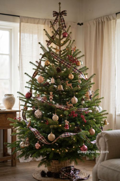 Plaid ribbon vintage Christmas tree with mismatched ornaments and cozy traditional decor 