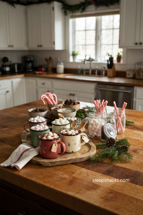 Playful Christmas hot chocolate mugs with marshmallows candy canes and cozy cocoa bar 