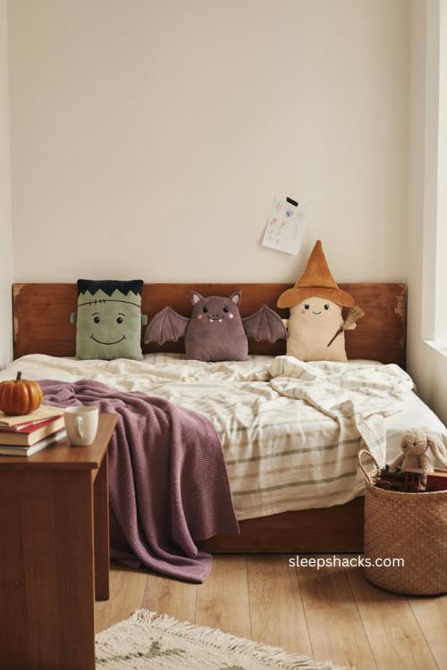 Playful Halloween character pillows for a cozy kids bedroom