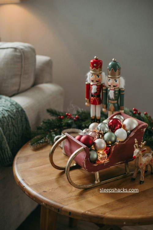 Playful christmas end table decor with nutcrackers reindeer and ornament filled sleigh 