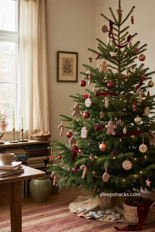 Playful cookie and candy Christmas ornaments with red ribbon and vintage glass baubles 