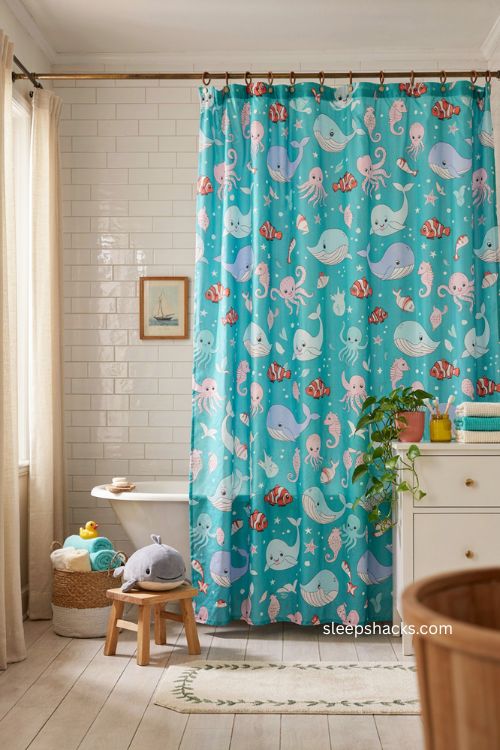 Playful kids bathroom ideas with colorful ocean animal shower curtain