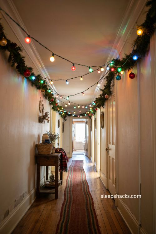 Playful multicolored Christmas lights across a traditional hallway ceiling 