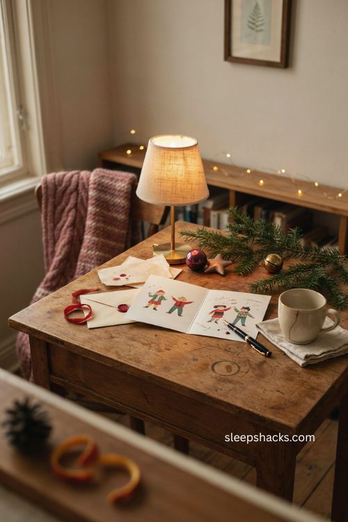 Playfully cheeky Christmas card for boyfriend with flirty handmade holiday message and cozy romantic writing setup 