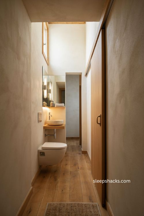 Pocket door ideas for a narrow toilet room to save floor space 