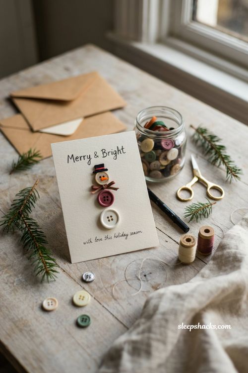 Button snowman Christmas card ideas with easy handmade details
