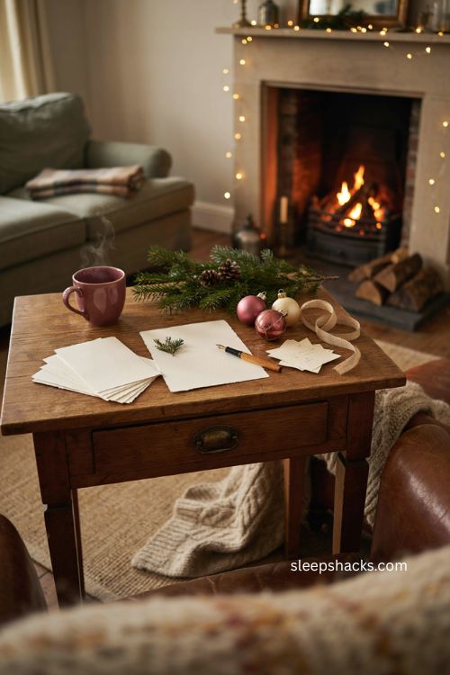 Poem Christmas card for boyfriend with cozy fireplace writing corner and romantic holiday keepsakes 