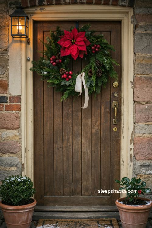 Poinsettia Christmas door swag with red velvet flower berries and pine greenery