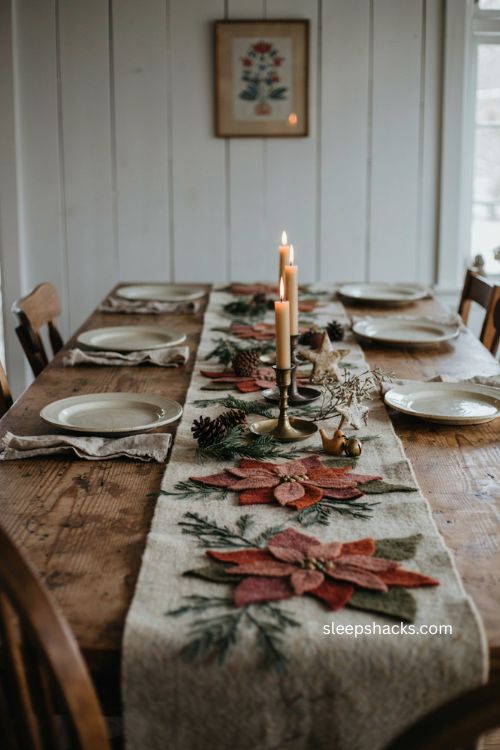 Poinsettia and pine wool Christmas table runner with rustic farmhouse texture