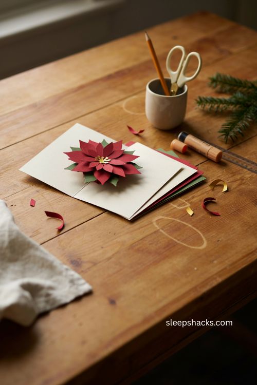 Poinsettia pop up Christmas card with layered red and green paper flowers 