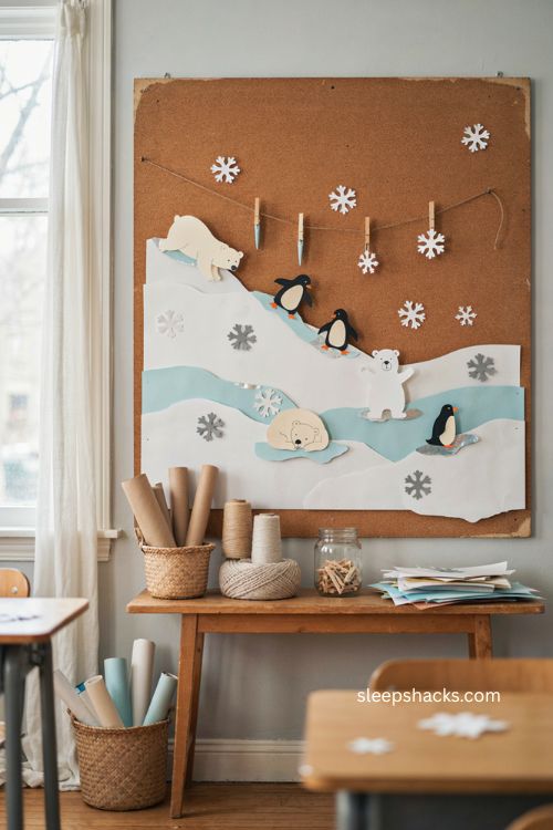 Polar bear and penguin Christmas bulletin board ideas for a playful winter classroom 