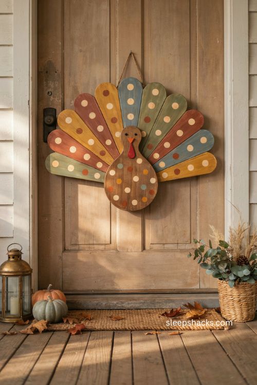 Polka dot turkey door hanger with colorful feathers and cheerful Thanksgiving porch decor 
