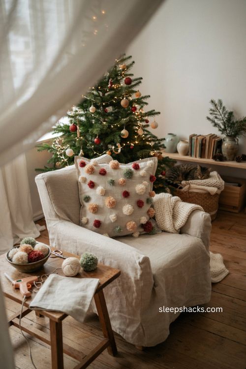 Pom pom Christmas pillow with cozy handmade farmhouse holiday decor
