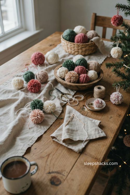 Pom pom Christmas tree ornaments with colorful handmade yarn clusters and cozy holiday decor