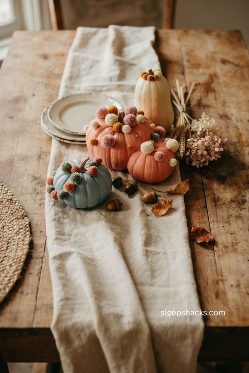 Pom pom painted pumpkins for cheerful homemade fall table decor 