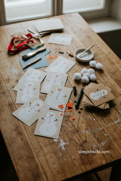 Pom pom print snowman Christmas card craft for toddlers with handmade snowman designs 