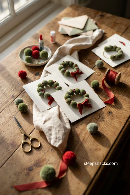 Pom pom wreath Christmas cards with green pom poms red berries and cozy handmade holiday charm 